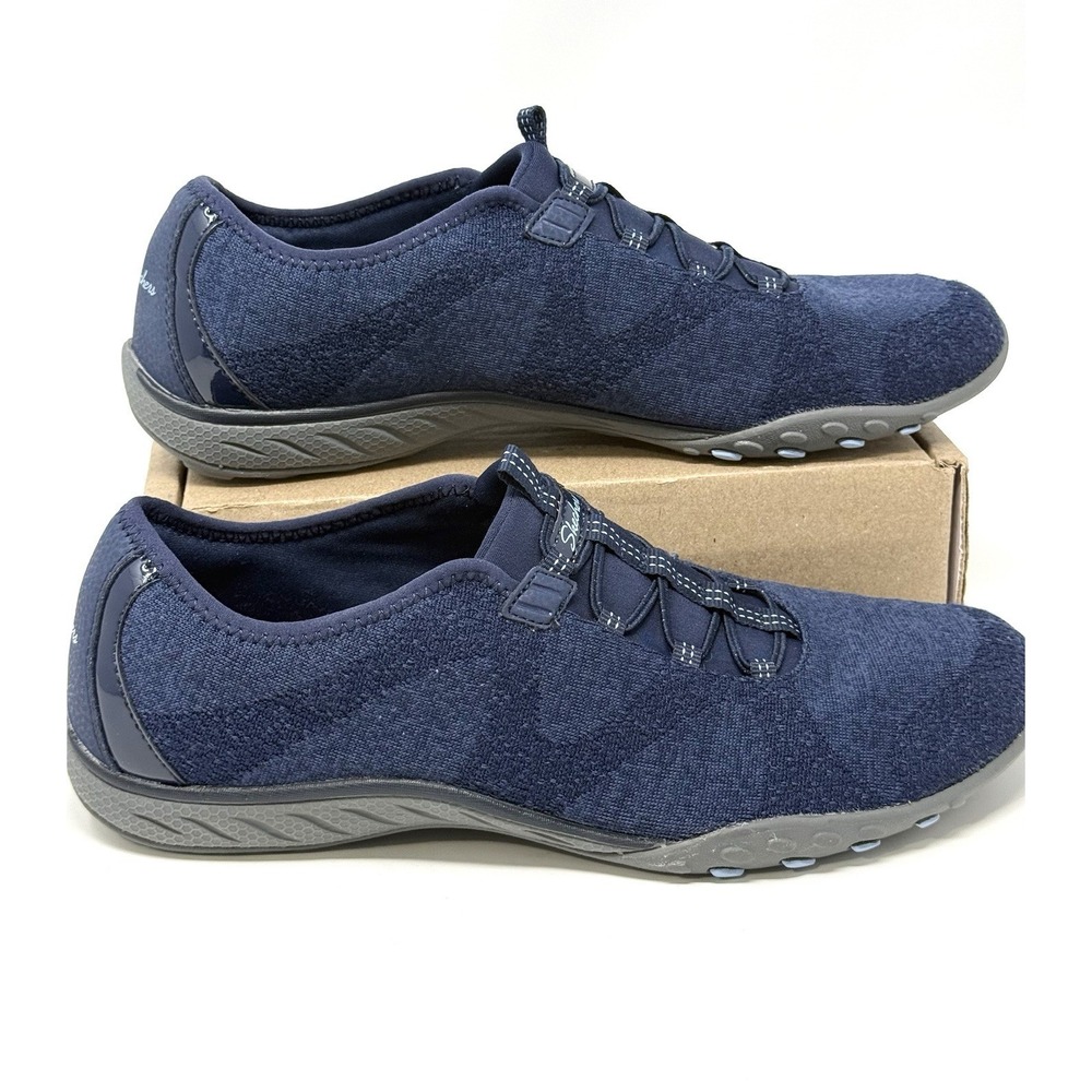 Skechers Breathe Easy Sneakers Sz 10 Women Slip on Shoes Blue Knit Flat Relaxed